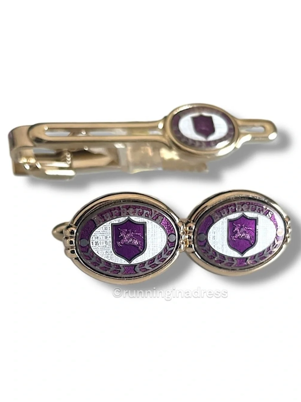 VTG Burberrys Gold Purple Nova Check Equestrian Knight Enamel Cufflink Bar Set